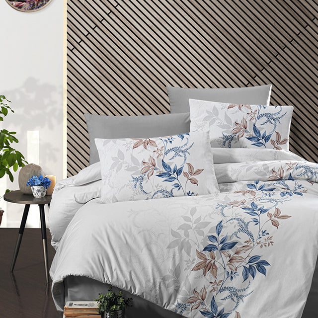 Спално бельо с 2 плика от ранфорс памук – светлосиво с листа