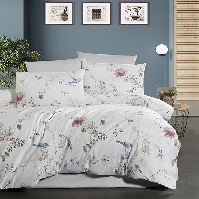 Спално бельо с 2 плика от ранфорс памук – бяло с цветя и птици