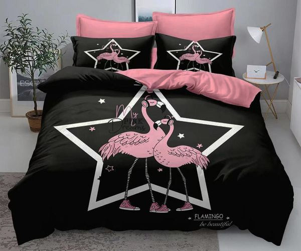 3D Единично спално бельо – черно и розово с фламинго