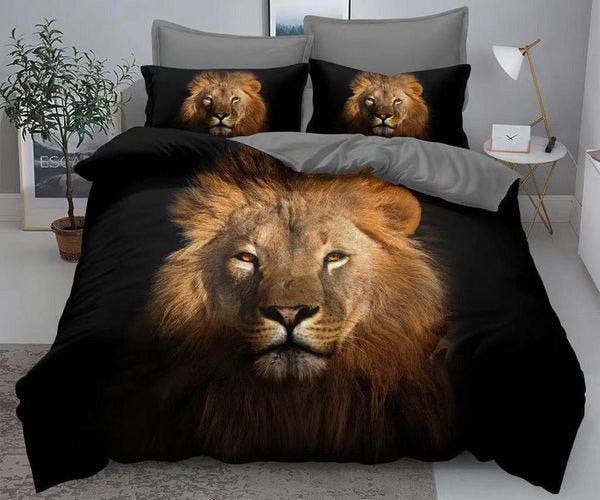 3D Единично спално бельо – черно с лъв