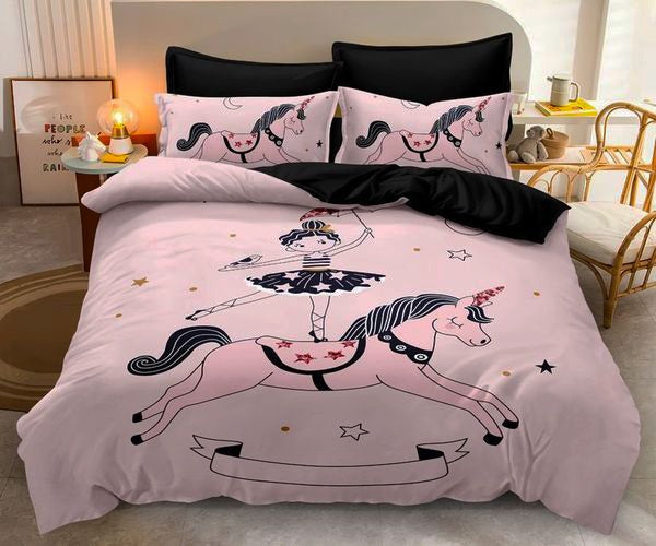 3D Единично спално бельо – розово и черно с еднорог и балерина