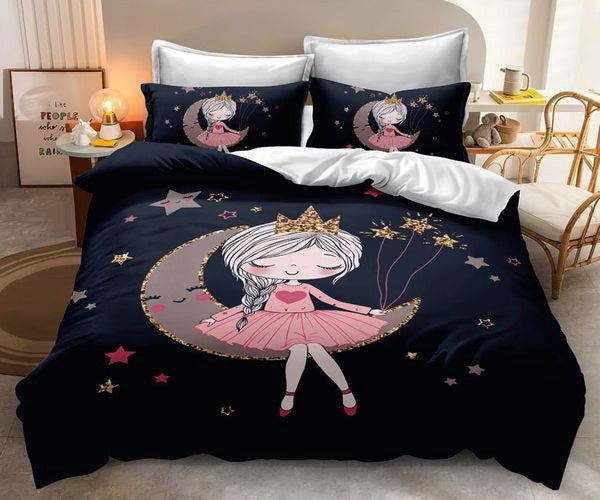 3D Единично спално бельо – тъмносиньо с луна и принцеса