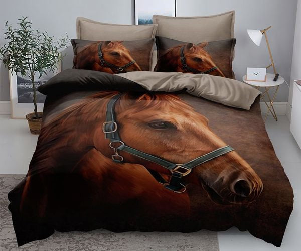 3D Единично спално бельо – кафяво и сиво с коне