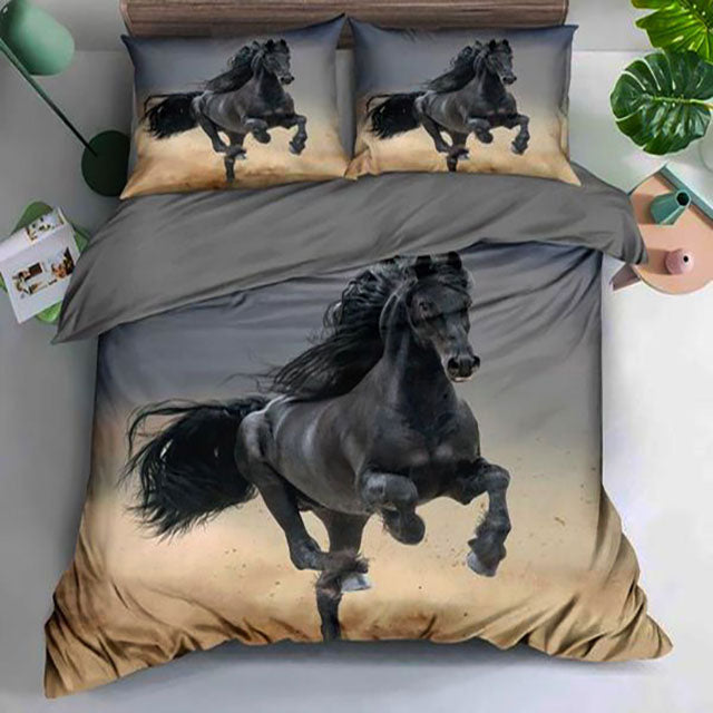 3D Единично спално бельо - сиво и кафяво с кон
