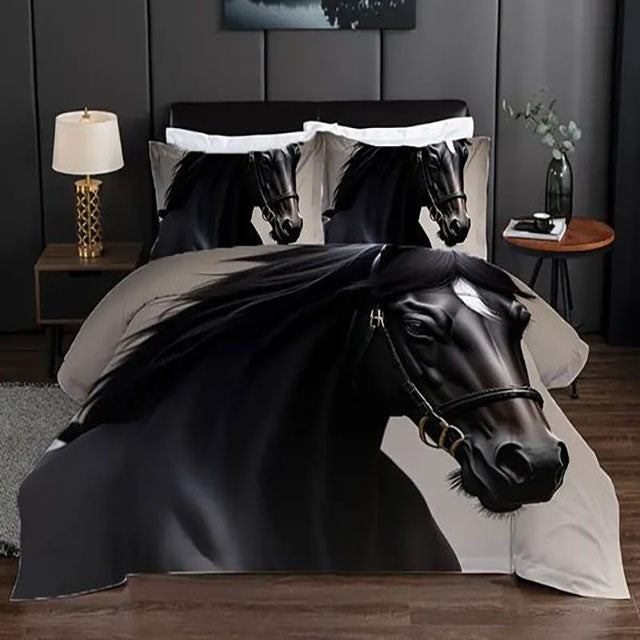 3D Единично спално бельо - сиво с кон