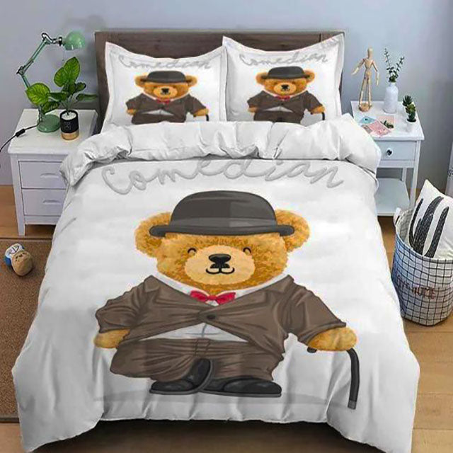 3D Единично спално бельо - бяло с мече