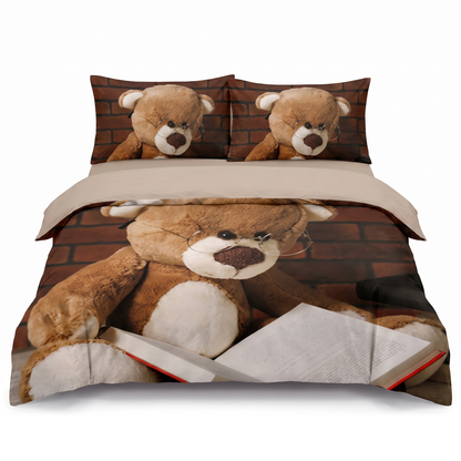 3D Единично спално бельо - кафяво и бежово с мече и книжка