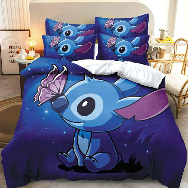 3D Единично спално бельо - тъмносиньо със Стич и пеперуда