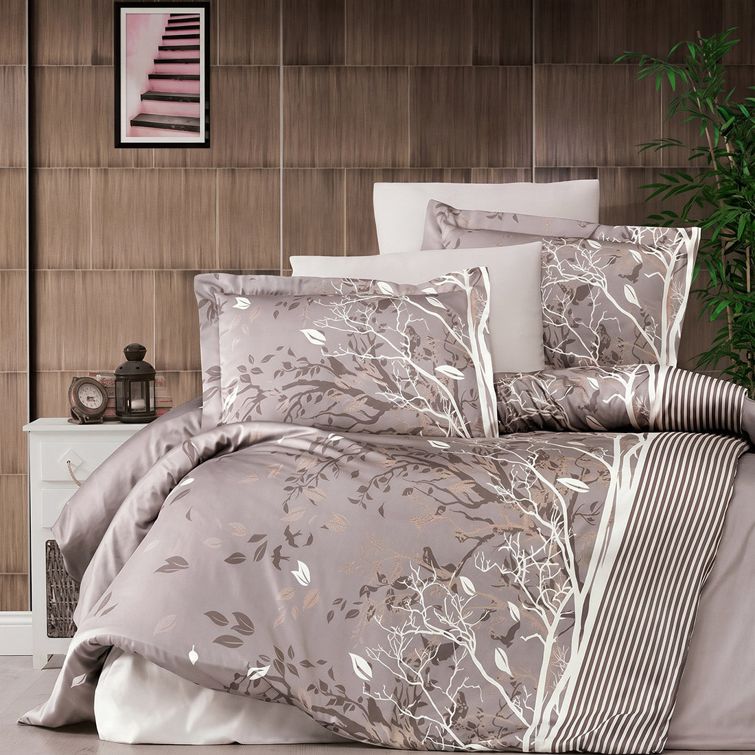 Двоен спален комплект от памучен сатен - Living Brown