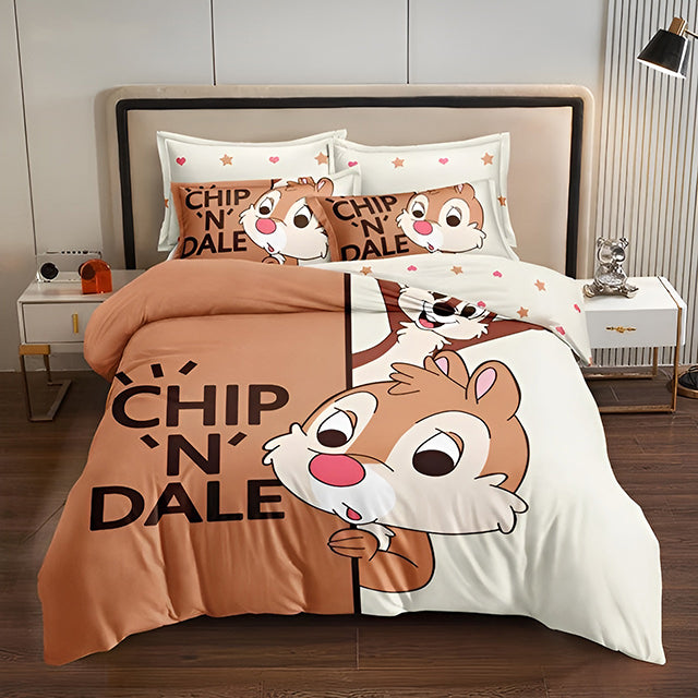 3D Спално бельо от 100% памук – бяло и кафяво с катеричките Чип и Дейл