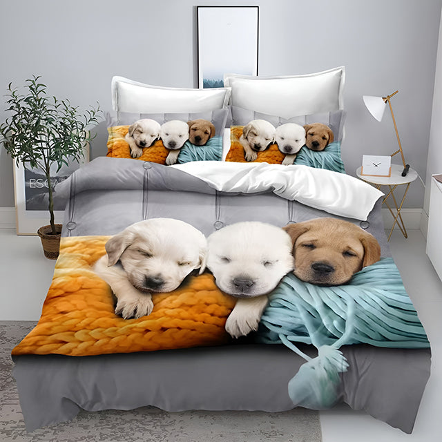 3D Спално бельо от 100% памук – бяло и сиво с малки кученца