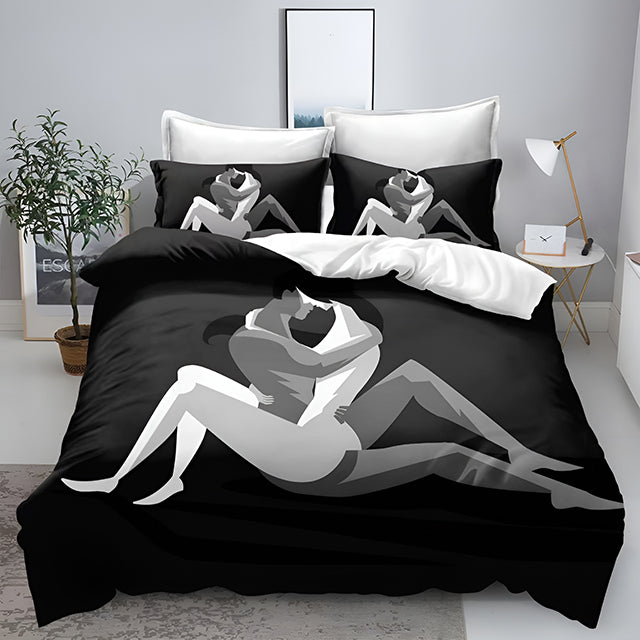 3D Спално бельо от 100% памук – черно и бяло с романтичен дизайн