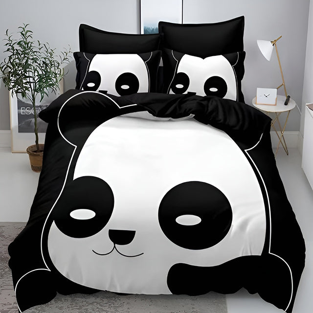 3D Спално бельо от 100% памук – черно с панда