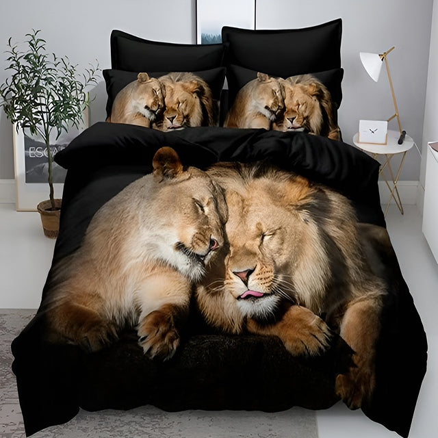 3D Спално бельо от 100% памук – черно с лъвове