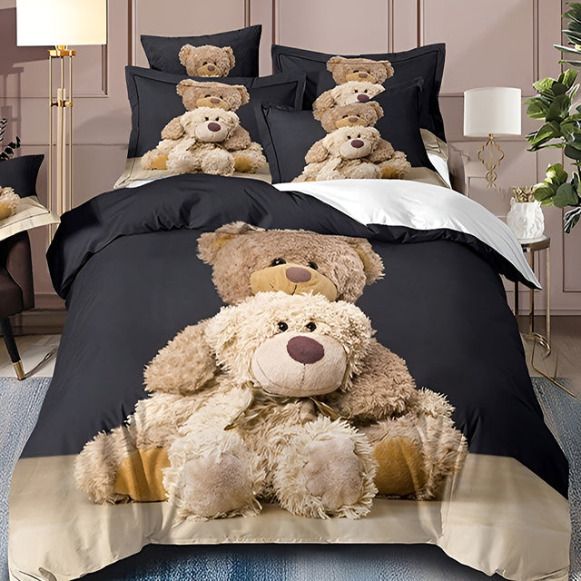 3D Спално бельо от 100% памук – тъмносиво със сладки мечета