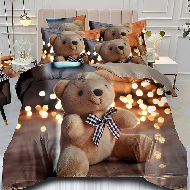 3D Спално бельо от 100% памук – бежово и сиво с мече