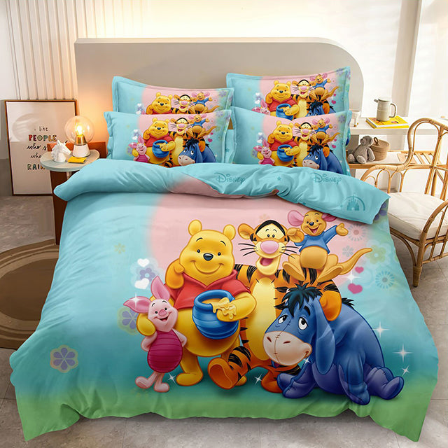 3D Спално бельо от 100% памук - синьо с Мечо пух и приятели