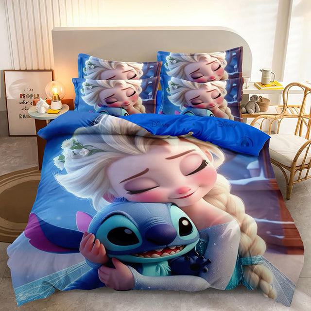 3D Спално бельо от 100% памук - синьо с Елза и Стич