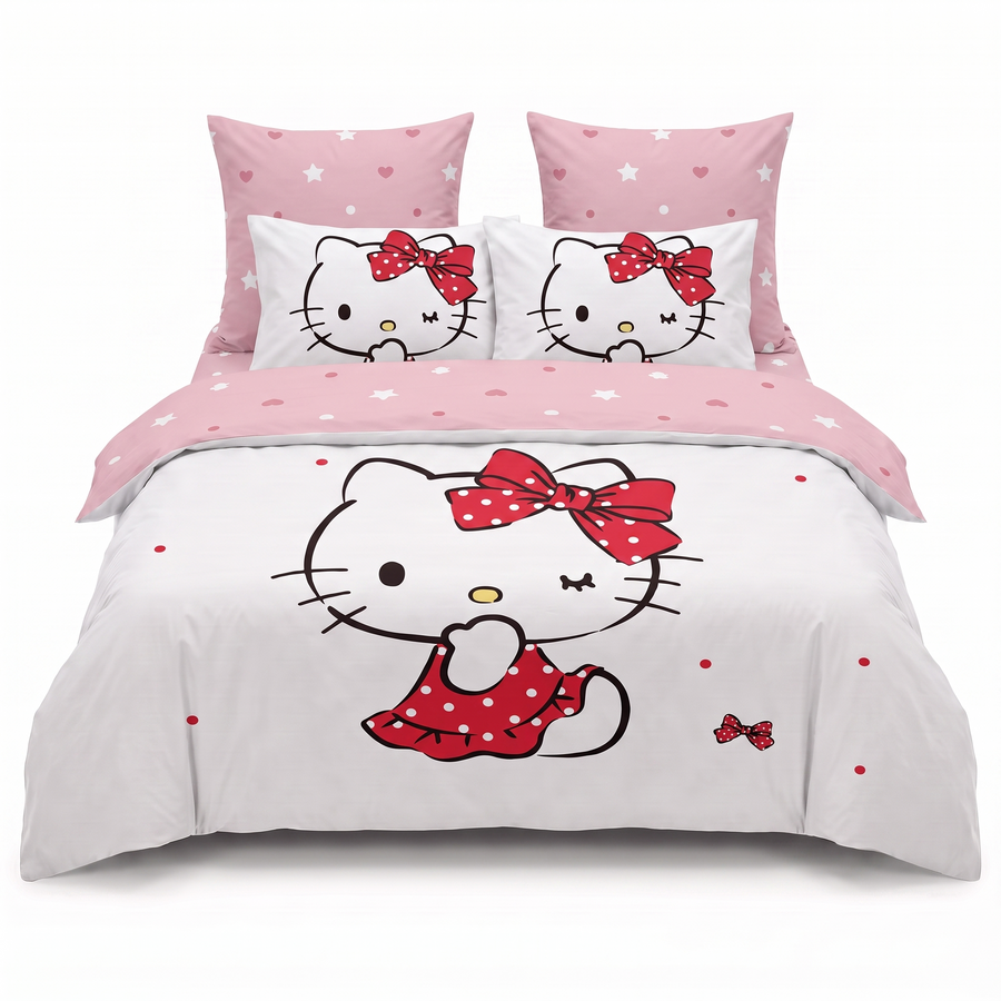 3D Спално бельо от 100% памук - бял цвят с Hello Kitty