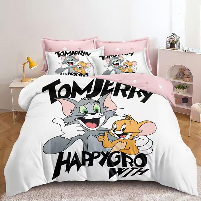3D Спално бельо от 100% памук - бял цвят с Том и Джери