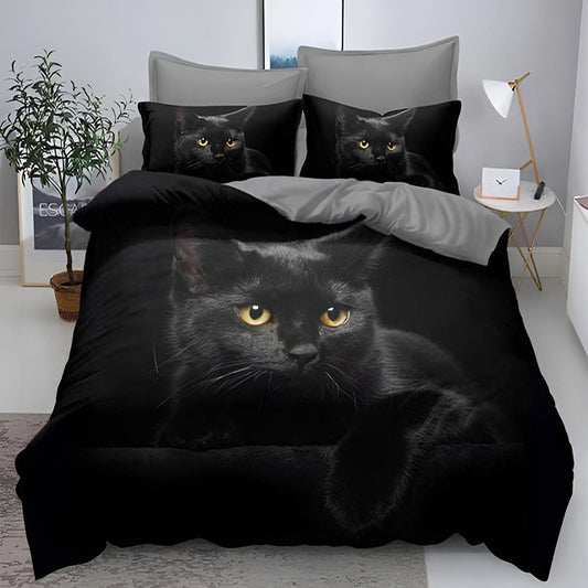 3D Спално бельо от 100% памук – черно с коте