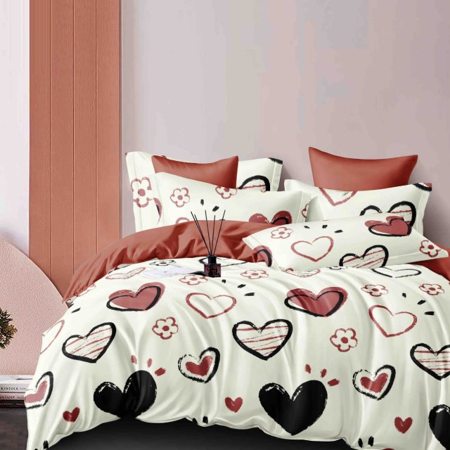 Спално бельо от 100% памук - бяло и червено със сърца - F6-141