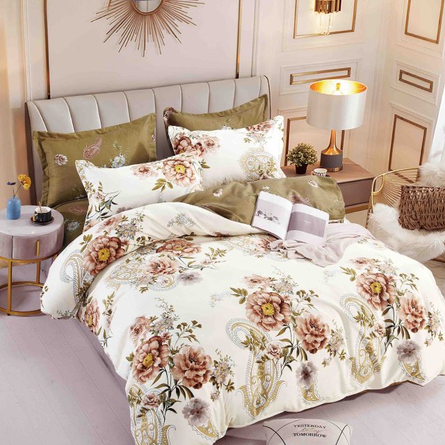 Спално бельо от 100% памук - бяло и маслинено с рози - F6-80