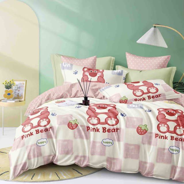 Спално бельо от 100% памук - бяло и розово с мечки - F6-88