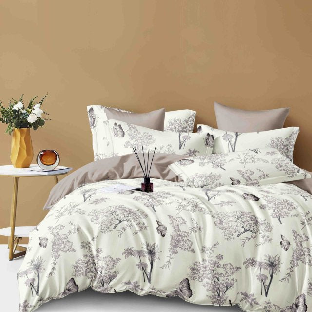Спално бельо от 100% памук - бяло и сиво с цветя - F6-126