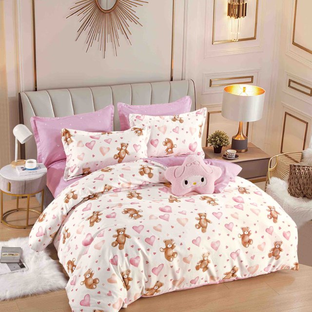Спално бельо от 100% памук - бяло със сърца и мечета - F6-159