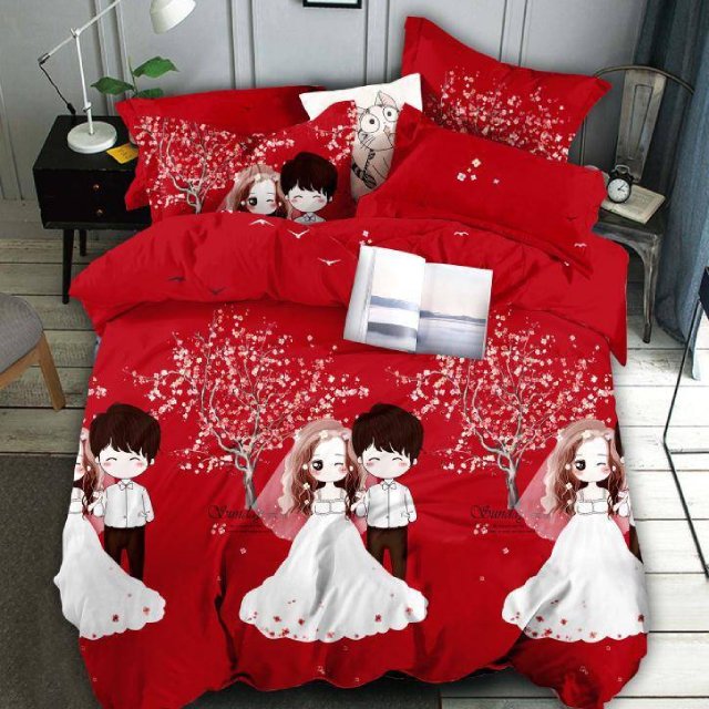 Спално бельо от 100% памук - червено с момче и момиче - F6-66