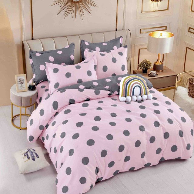 Спално бельо от 100% памук - розово със сиви точки - F6-201