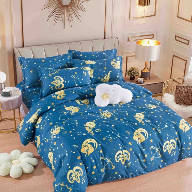 Спално бельо от 100% памук - синьо със зодии - F6-113