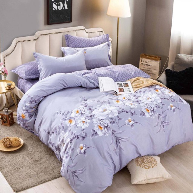 Спално бельо от 100% памук - светлолилаво с цветя - F6-234