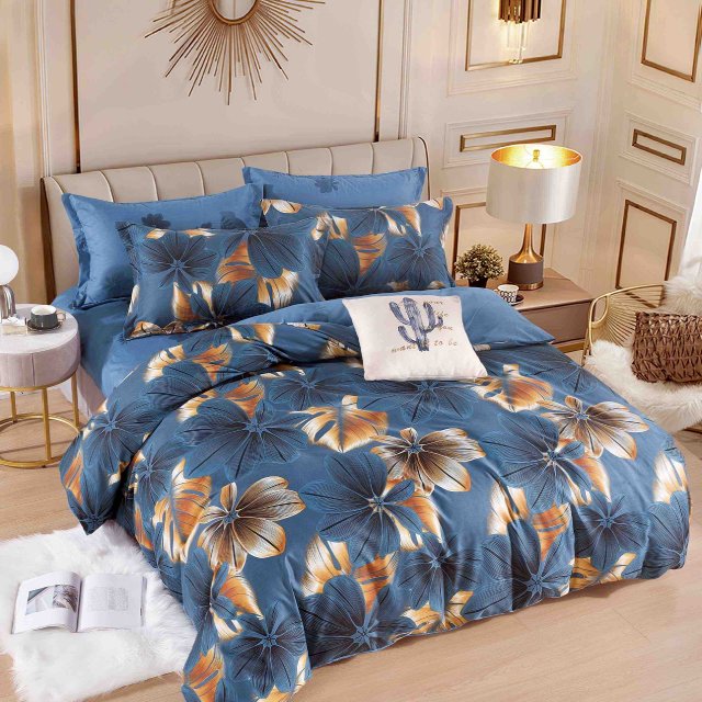 Спално бельо от 100% памук - тъмносиньо с листа - F6-122