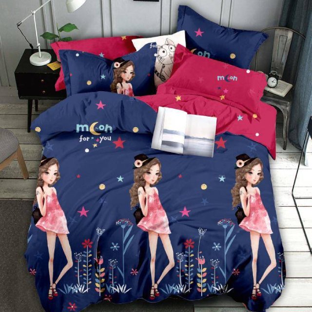 Спално бельо от 100% памук - тъмносиньо с момиче - F6-65