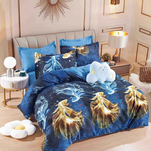 Спално бельо от 100% памук - тъмносиньо с рибки - F6-131