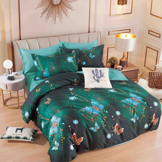 Спално бельо от 100% памук - тъмнозелено с пеперуди - F6-115