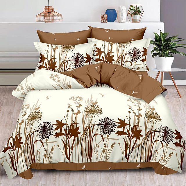 Спално бельо с ластик – бежово и кафяво с глухарчета и цветя
