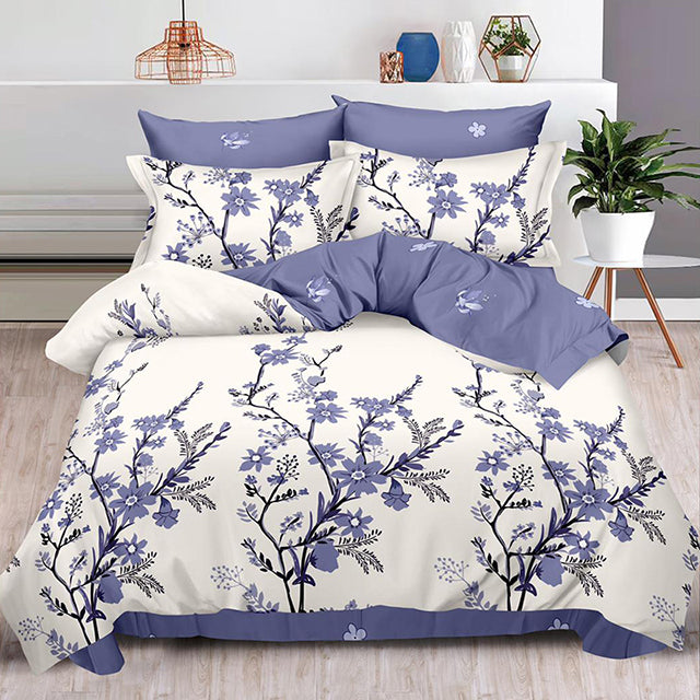 Спално бельо с ластик – бяло и синьо с цветя