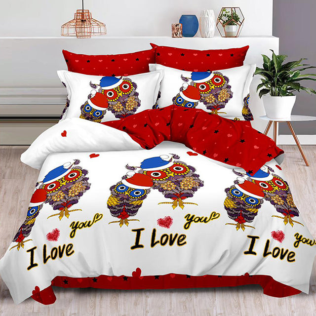 Спално бельо с ластик – бяло и червено с бухали