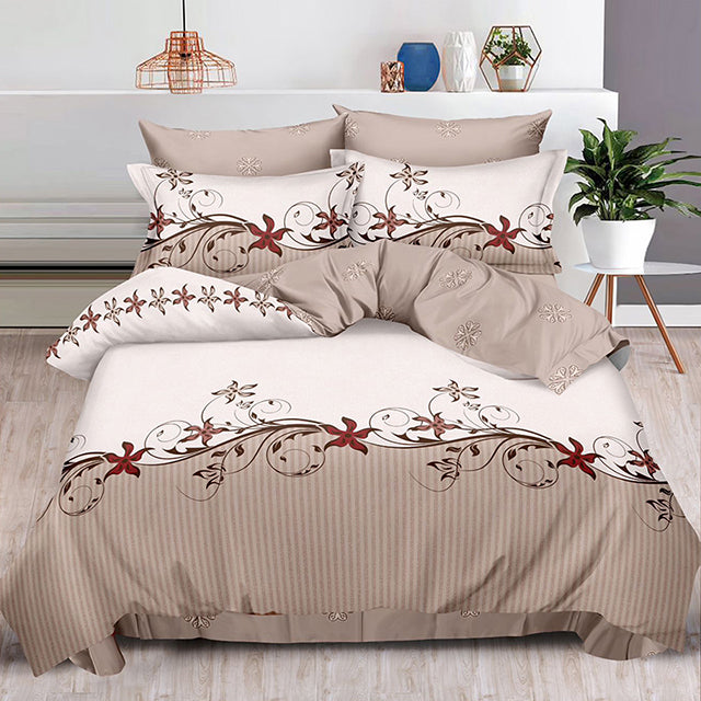 Спално бельо с ластик – кафяво-бежово с цветя