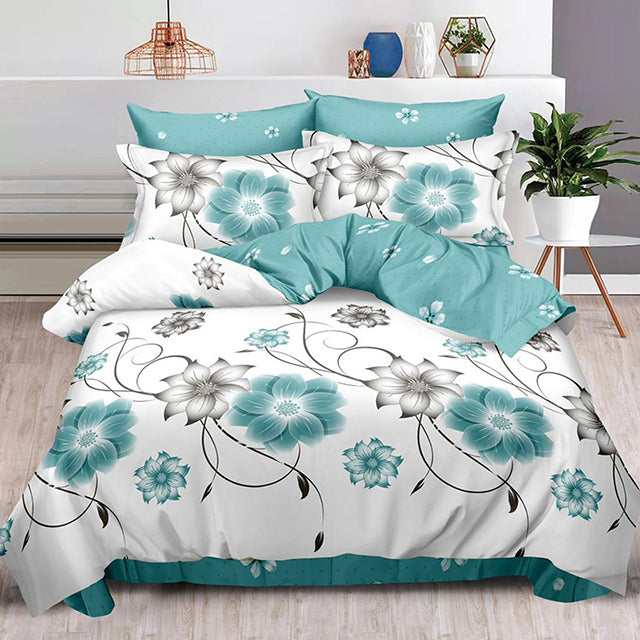 Спално бельо с ластик – бяло и синьо с нежни цветя