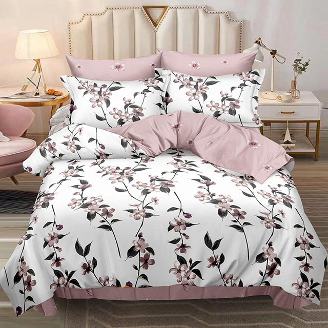 Спално бельо с ластик – бяло с розови цветя