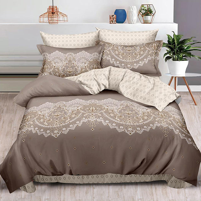Спално бельо с ластик – кафяво и бежово с щампа тип дантела