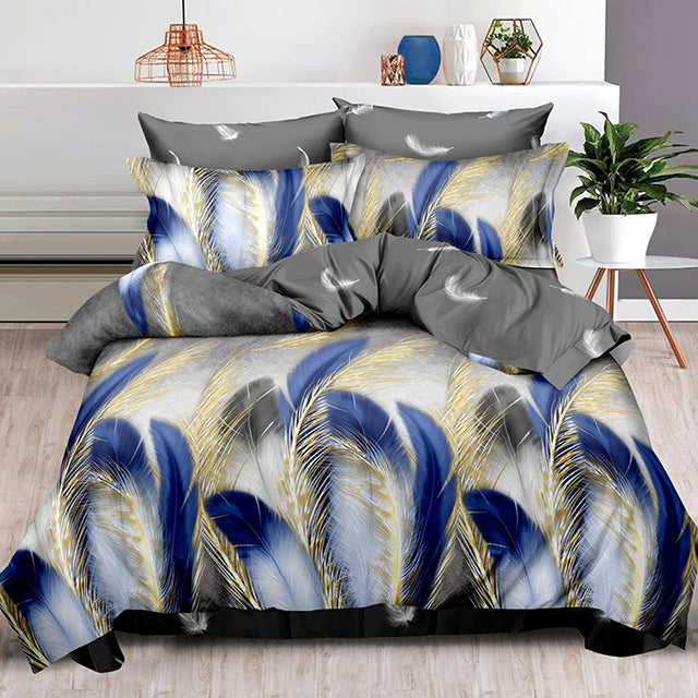 Спално бельо с ластик – сиво със сини и жълти пера