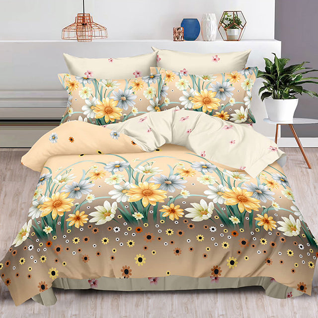 Спално бельо с ластик – кремав цвят с пролетни цветя