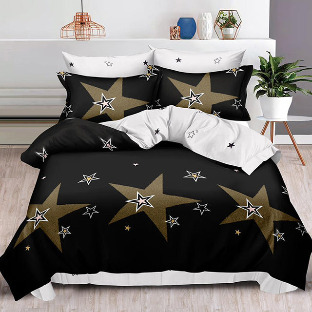 Спално бельо с ластик – черно и бяло със звезди