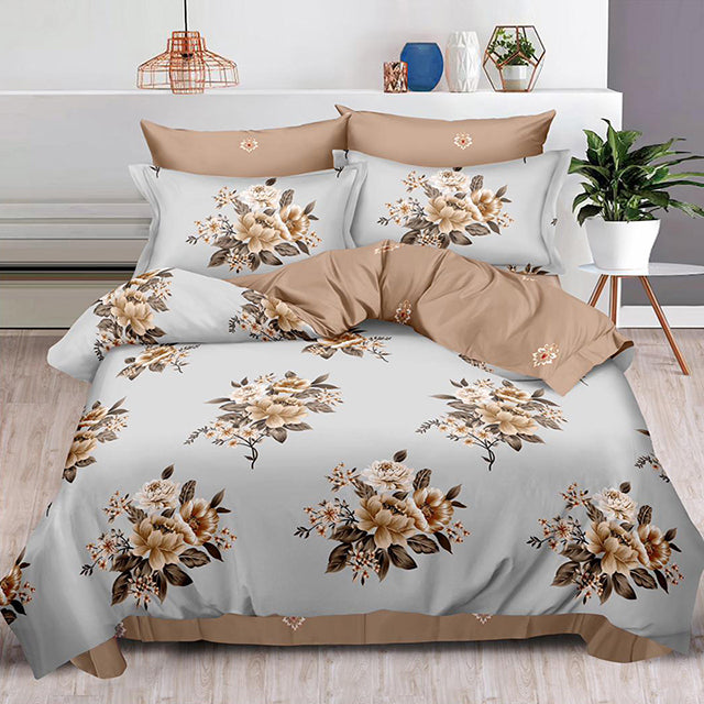 Спално бельо с ластик – сиво и светлокафяво с цветя