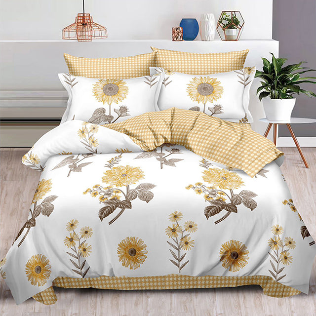 Спално бельо с ластик – бяло с жълти цветя